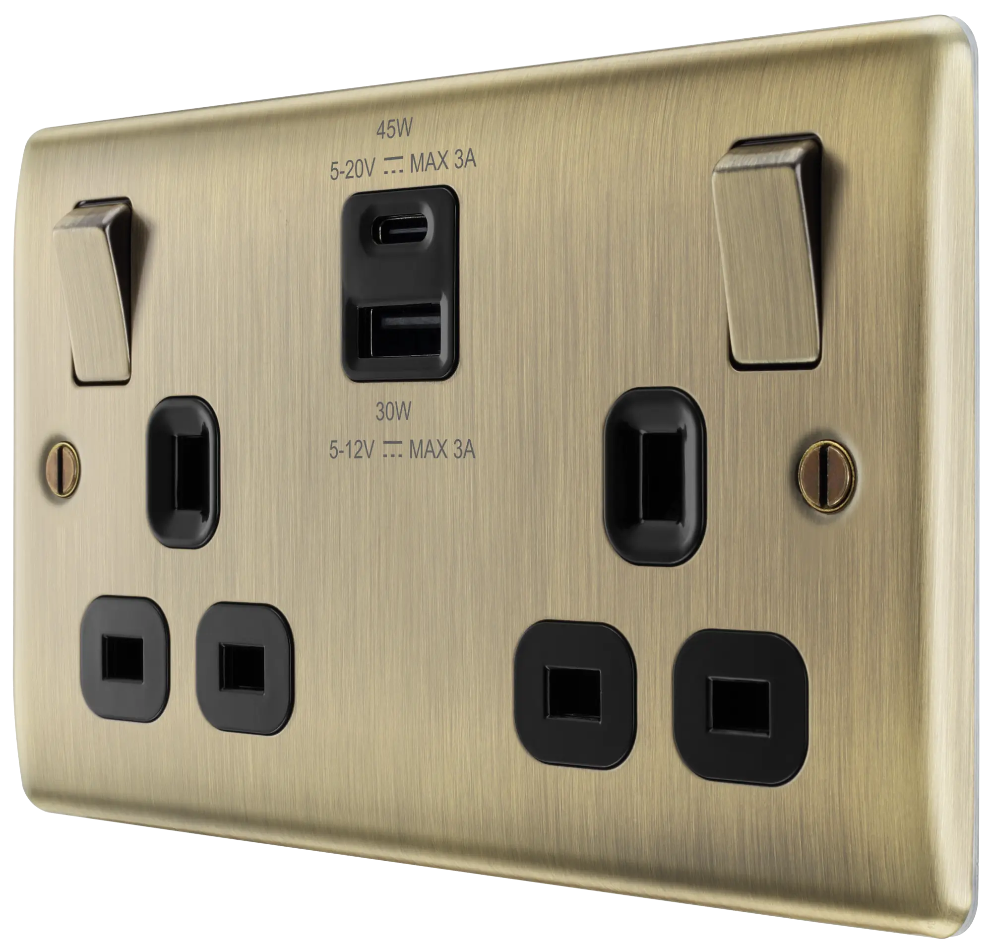 BG Nexus Metal USB USBC 45W Double Socket in Antique Brass with Black Insert NAB22UAC45B BG Nexus