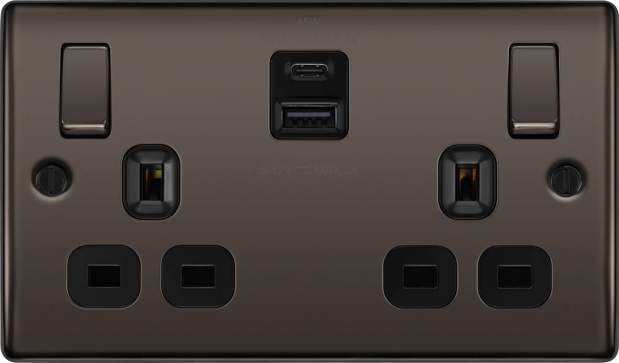 BG Nexus Metal USB USBC 45W Double Socket in Black Nickel NBN22UAC45B BG Nexus