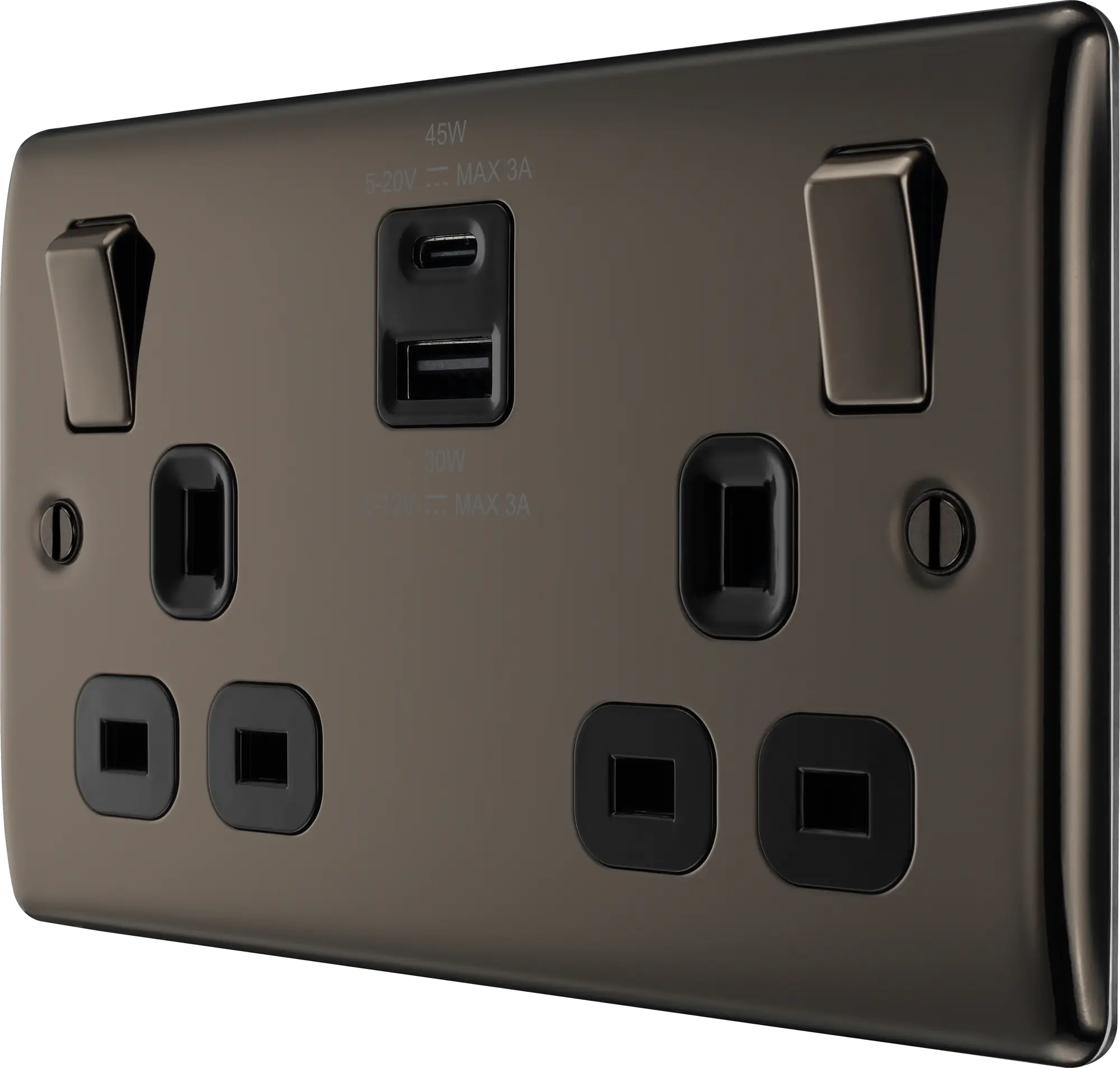 BG Nexus Metal USB USBC 45W Double Socket in Black Nickel NBN22UAC45B BG Nexus