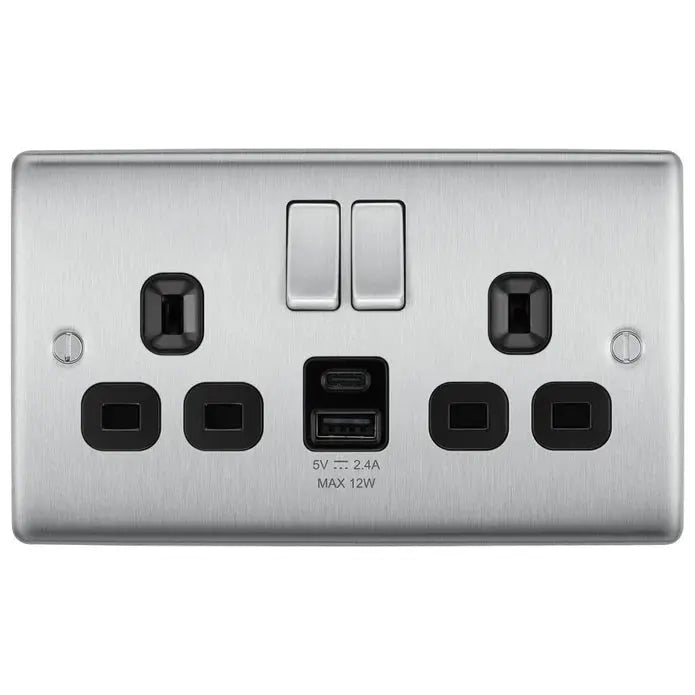 BG Nexus Brushed Steel Switches and Sockets with Black Inserts – Full Range BG Nexus