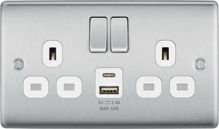 BG Nexus Brushed Steel Switches and Sockets with White Inserts – Full Range BG Nexus