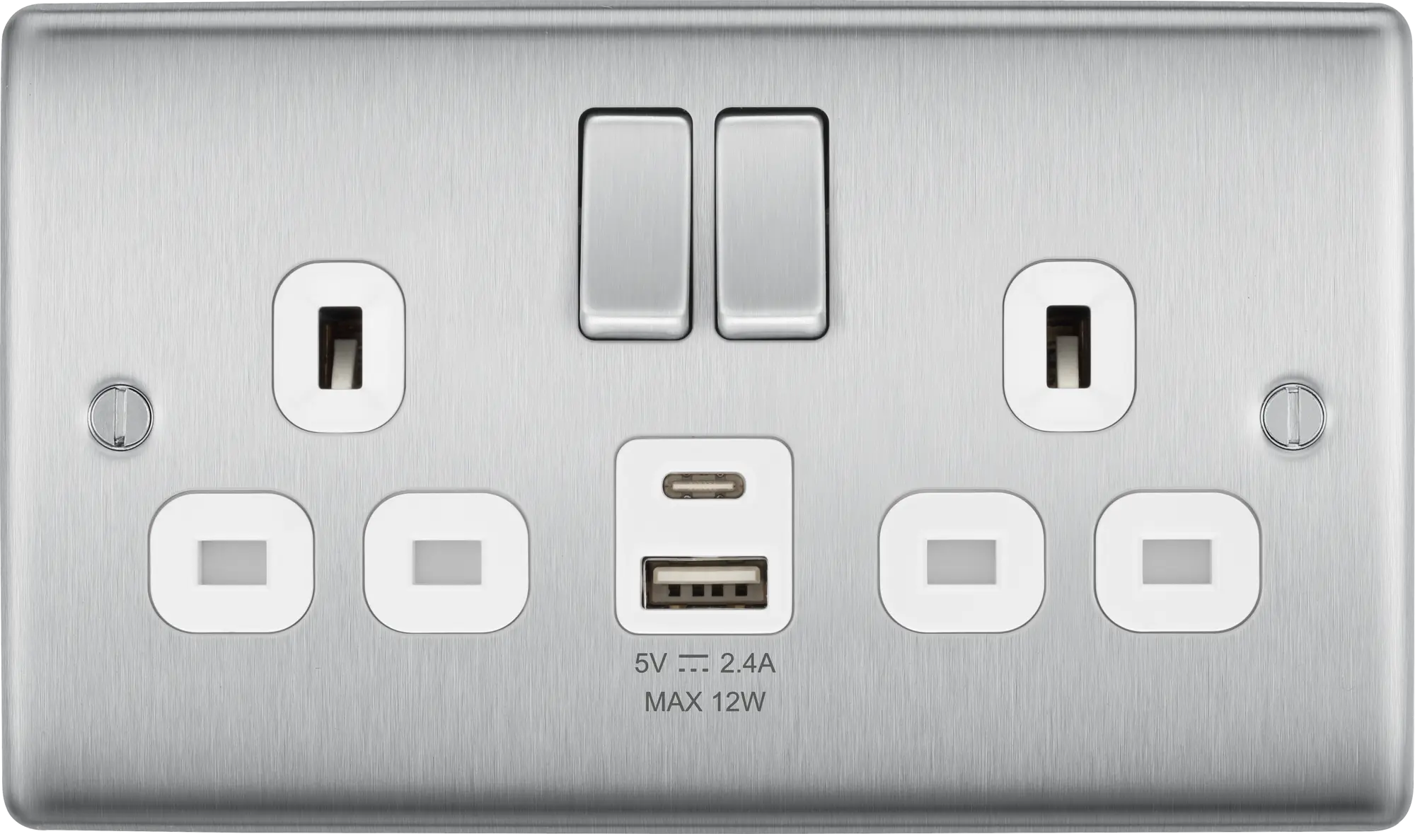 BG Nexus Metal USB USBC 12W Double Sockets In Brushed Steel With White Inserts NBS22UAC22W BG Nexus