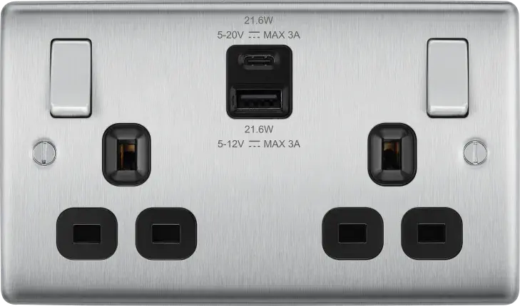 BG Nexus Brushed Steel Switches and Sockets with Black Inserts – Full Range BG Nexus