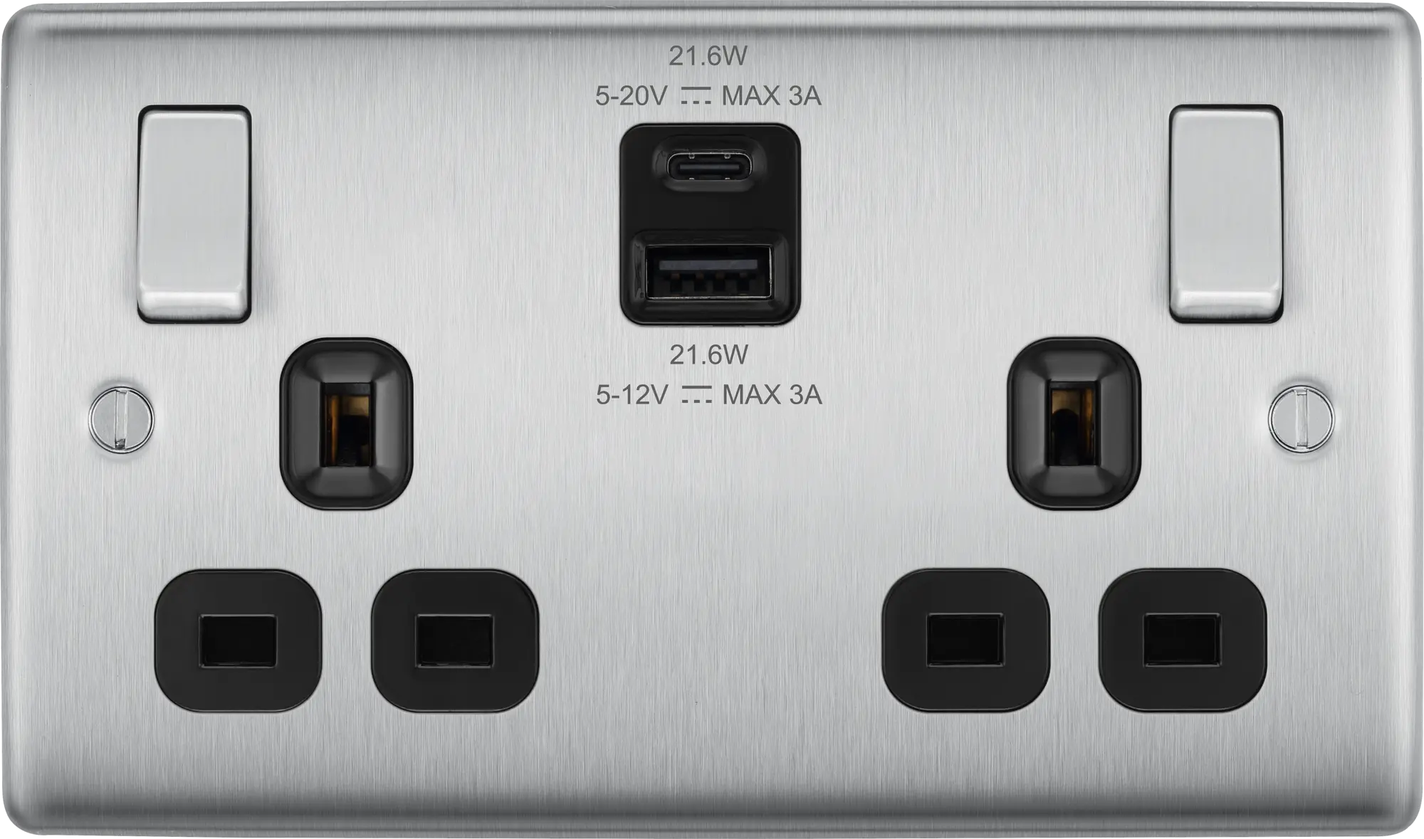 BG Nexus Metal USB USBC 22W Double Socket in Brushed Steel with Black Inserts NBS22UAC22B BG Nexus