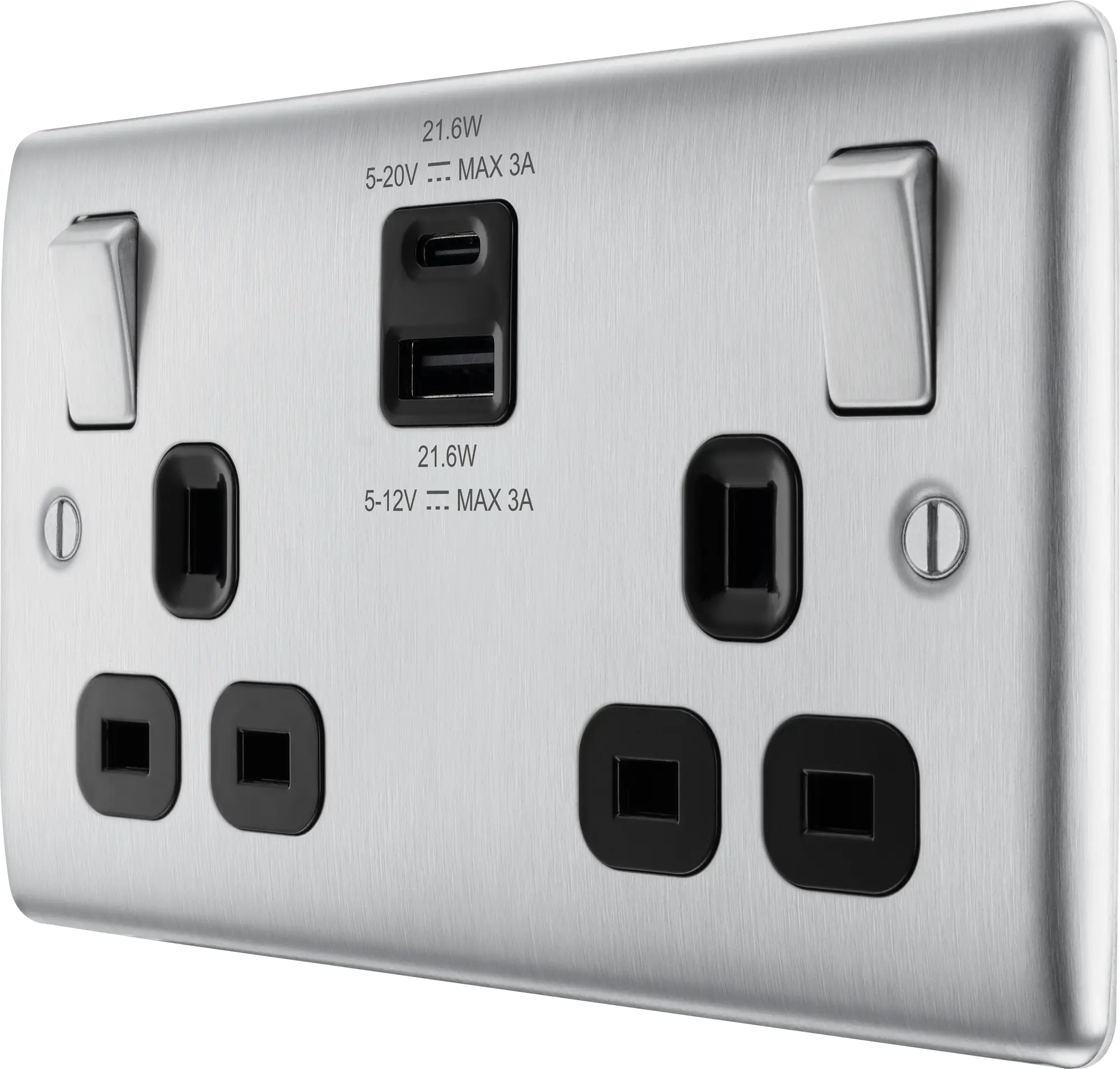 BG Nexus Metal USB USBC 22W Double Socket in Brushed Steel with Black Inserts NBS22UAC22B BG Nexus