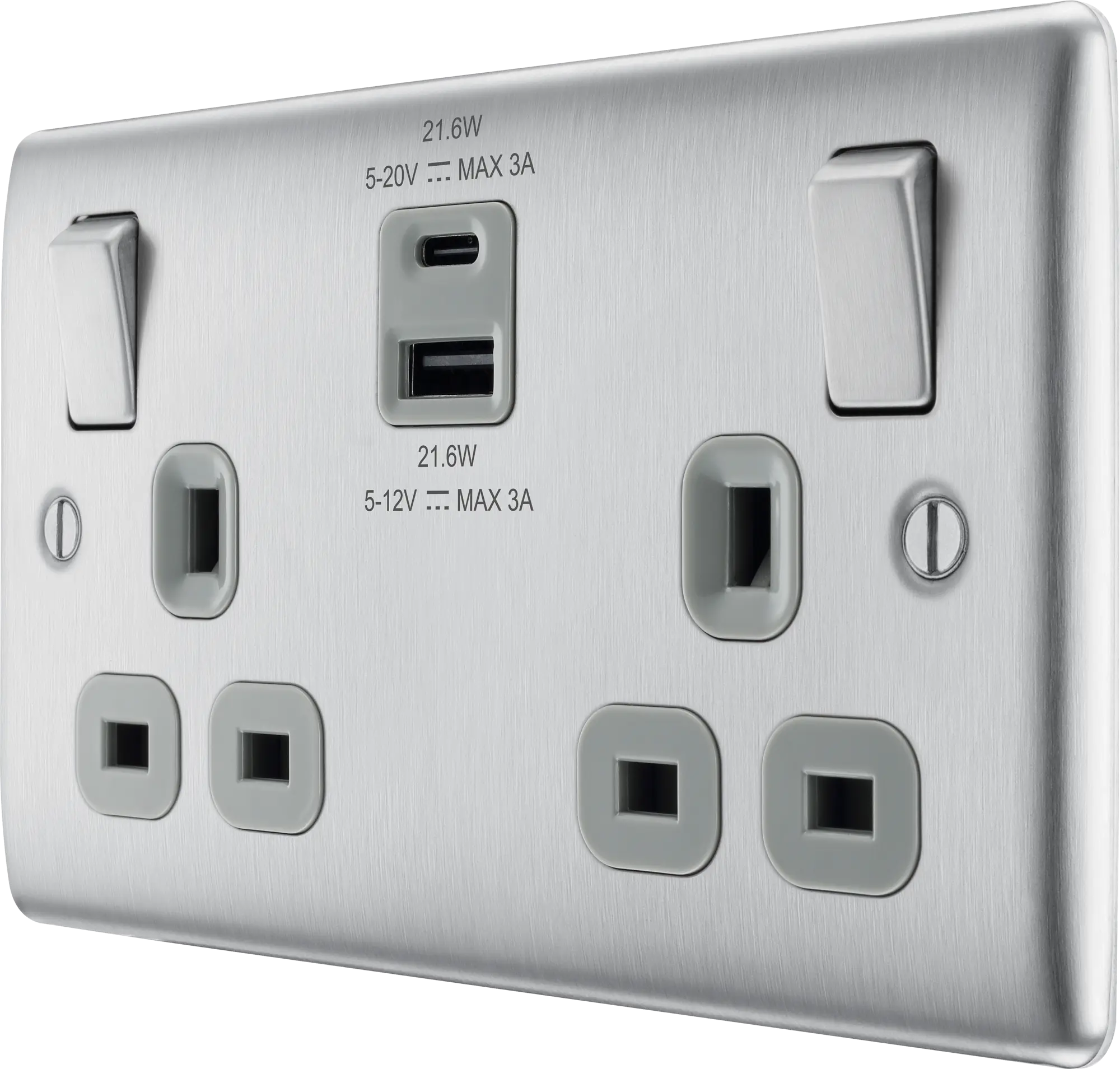 BG Nexus NBS22UAC22G Brushed Steel Double Socket with USB 22W Type A & Type C USB BG Nexus