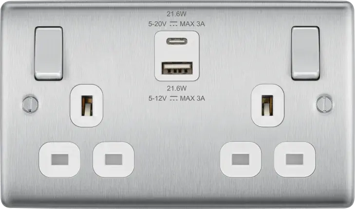 BG Nexus Brushed Steel Switches and Sockets with White Inserts – Full Range BG Nexus