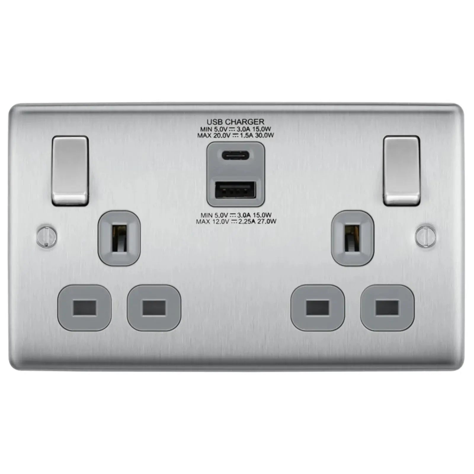 BG Nexus Brushed Steel Switches and Sockets with Grey Inserts – Full Range ACAS Electrical