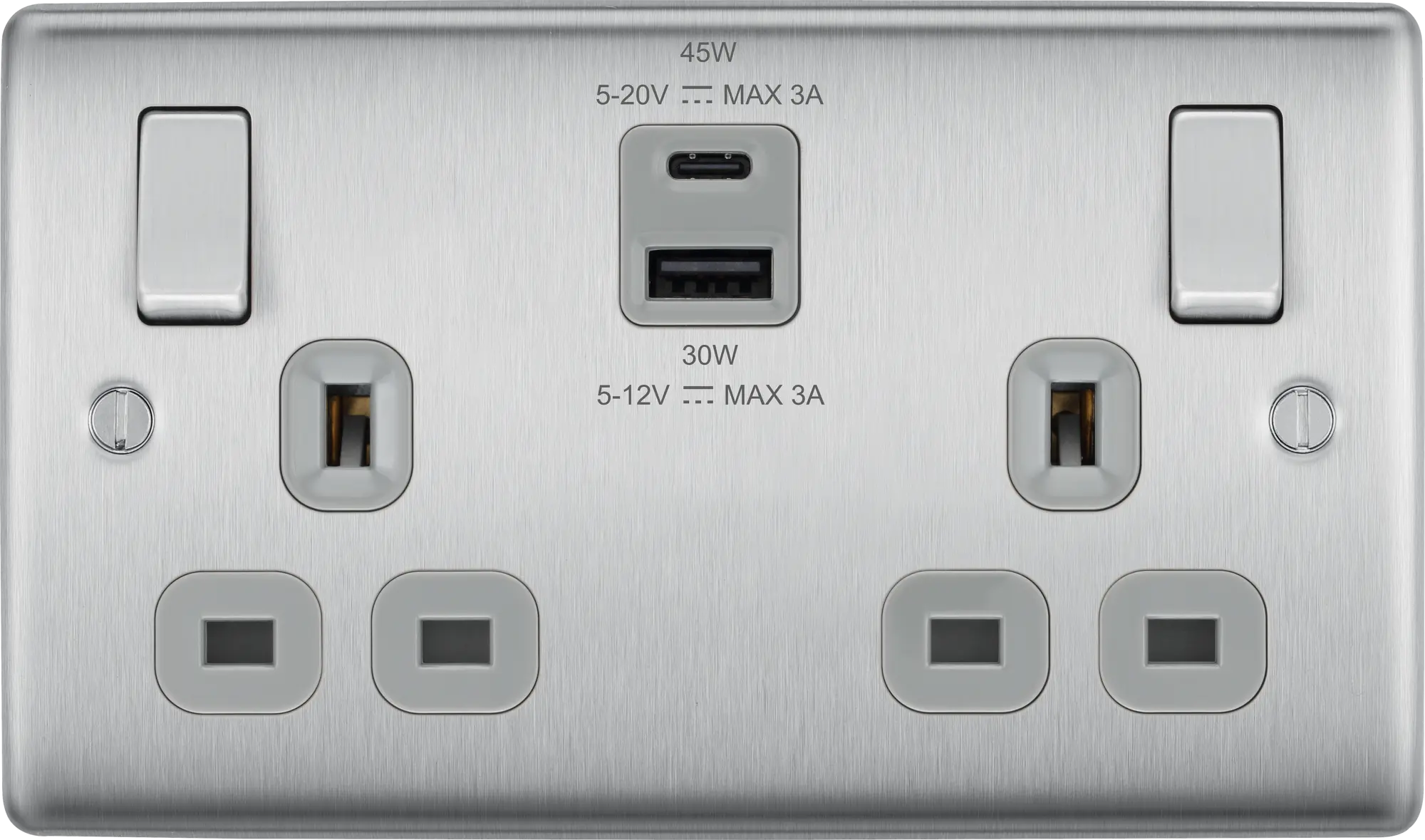 BG Nexus Metal USB USBC 12W Double Socket in Brushed Steel with Grey Inserts NBS22UAC45G BG Nexus