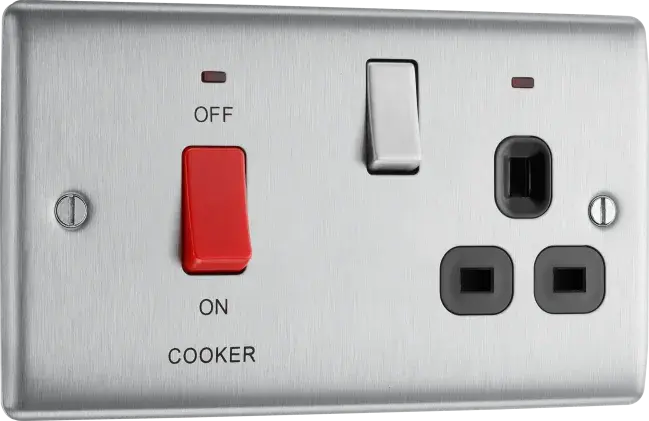 BG Nexus Metal 45 Amp DP Cooker Switch with Socket & Neon in Brushed Steel with Black Inserts - NBS70B-01 BG (British General)