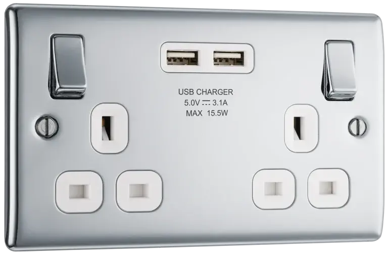 BG Nexus Metal USB Double Switched Fast Charging Power Socket with Two USB Charging Ports 13A in Polished Chrome with White Inserts - NPC22U3W BG (British General)