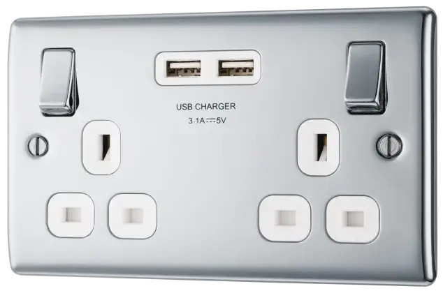 BG Nexus Metal USB Double Switched Fast Charging Power Socket with Two USB Charging Ports 13A in Polished Chrome with White Inserts - NPC22U3W BG (British General)