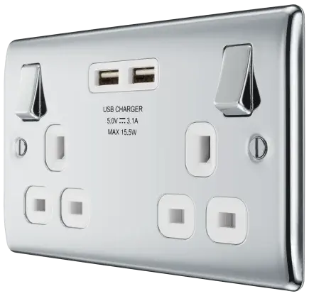 BG Nexus Metal USB Double Switched Fast Charging Power Socket with Two USB Charging Ports 13A in Polished Chrome with White Inserts - NPC22U3W BG (British General)