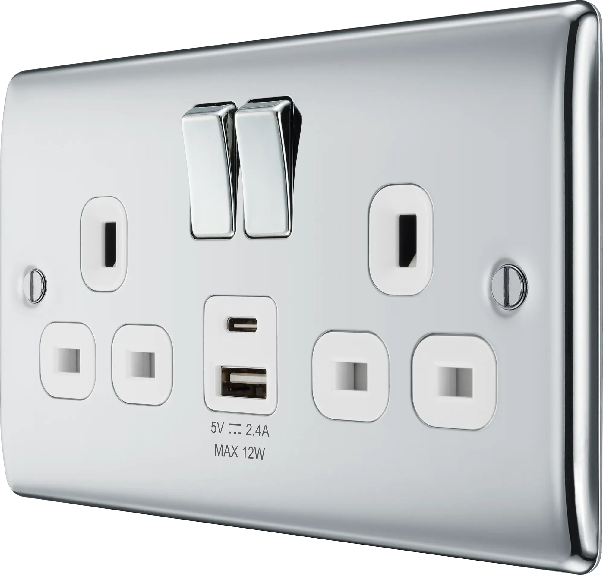 BG Nexus Metal USB USBC 12W Double Socket in Polished Chrome with White Inserts NPC22UAC12W BG Nexus