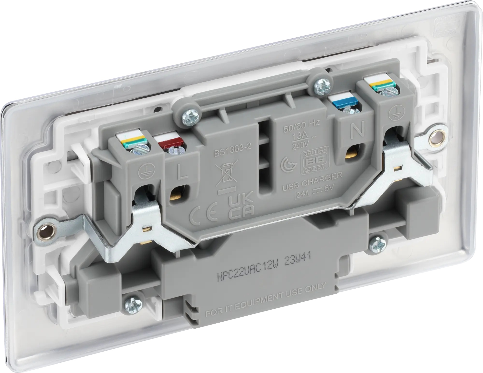 BG Nexus Metal USB USBC 12W Double Socket in Polished Chrome with White Inserts NPC22UAC12W BG Nexus