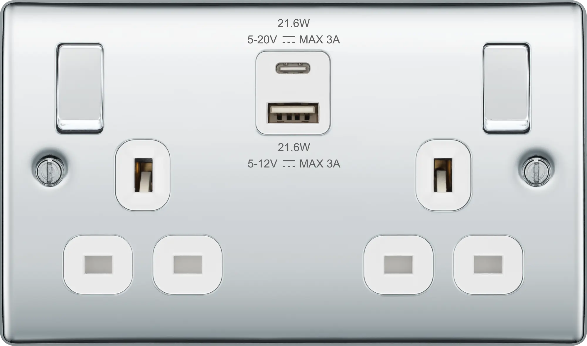BG Nexus Metal USB USBC 22W Double Socket in Polished Chrome with White Inserts NPC22UAC22W BG Nexus