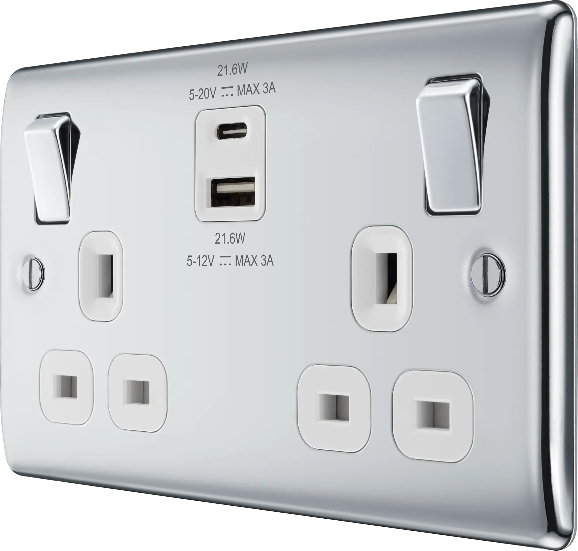 BG Nexus Metal USB USBC 22W Double Socket in Polished Chrome with White Inserts NPC22UAC22W BG Nexus