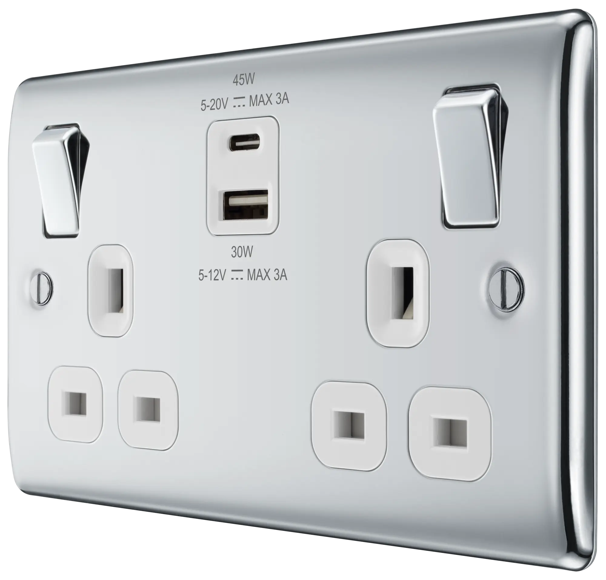 BG Nexus Metal USB USBC 45W Double Socket in Polished Chrome with White Inserts NPC22UAC45W BG Nexus