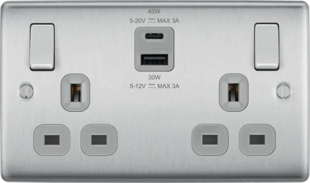 BG Nexus Brushed Steel Switches and Sockets with Grey Inserts – Full Range ACAS Electrical