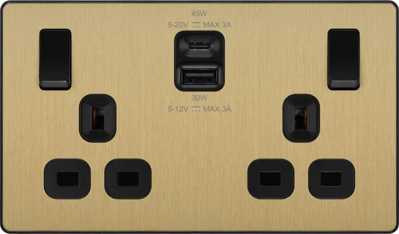 BG Evolve Satin Brass PCDSB22UAC45B USB Double Socket 45W Type A & C USB BG (British General)