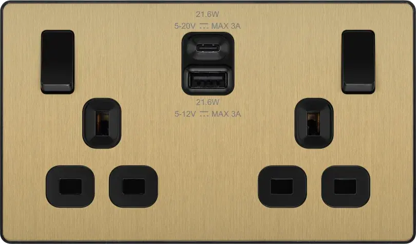 BG Evolve Satin Brass PCDSB22UAC22B USB Double Socket 22W Type A & C USB BG (British General)