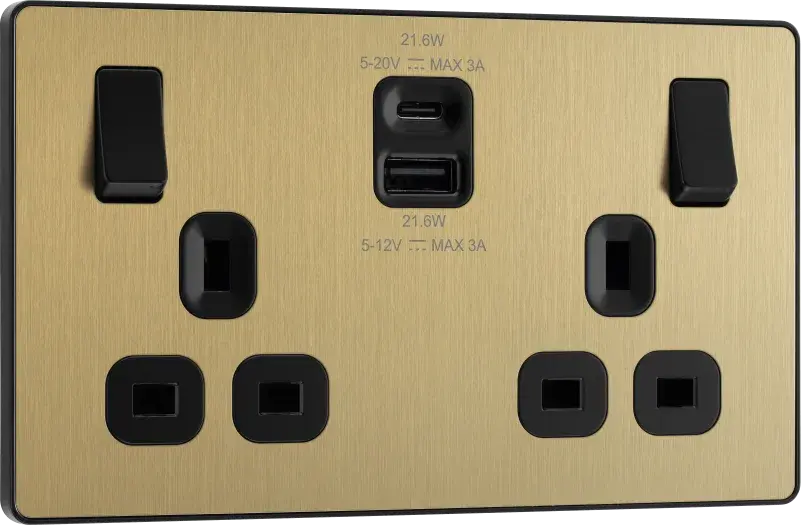 BG Evolve Satin Brass PCDSB22UAC22B USB Double Socket 22W Type A & C USB BG (British General)