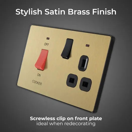 BG Evolve Satin Brass Screwless 45A DP Cooker Unit + Socket + Neon PCDSB70B BG (British General)
