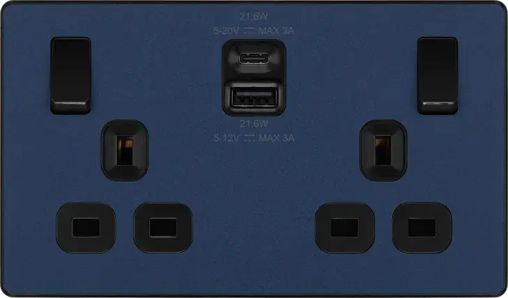 BG Evolve Matt Blue PCDDB22UAC22B USB Double Socket 22W Type A & C USB BG (British General)