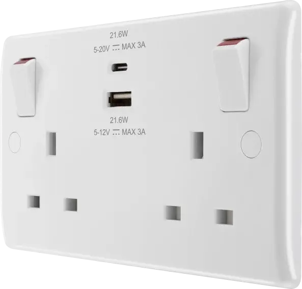 BG 13 Amp 2 Gang SP Switched Socket c/w USB A + C - 22W White BG (British General)