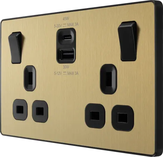 BG Evolve Satin Brass PCDSB22UAC45B USB Double Socket 45W Type A & C USB BG (British General)