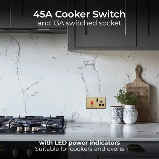 BG Evolve Satin Brass Screwless 45A DP Cooker Unit + Socket + Neon PCDSB70B BG (British General)