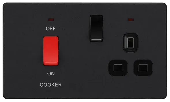 BG Evolve Matt Black Screwless 45A DP Cooker Unit + Socket + Neon PCDMB70B BG (British General)