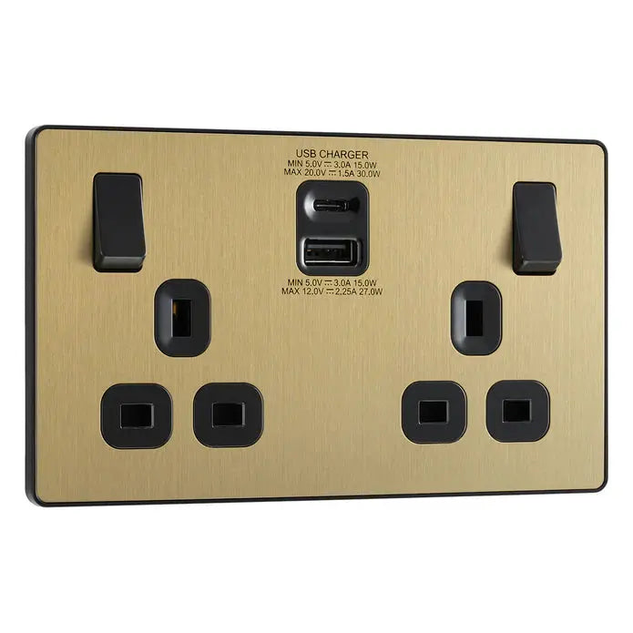 BG Evolve Satin Brass Screwless USB Double Socket Type A+C PCDSB22UAC30B BG (British General)