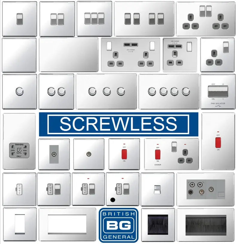 BG Nexus Screwless Flat Plate Polished Chrome Switches and Sockets Grey Inserts Full Range BG Nexus