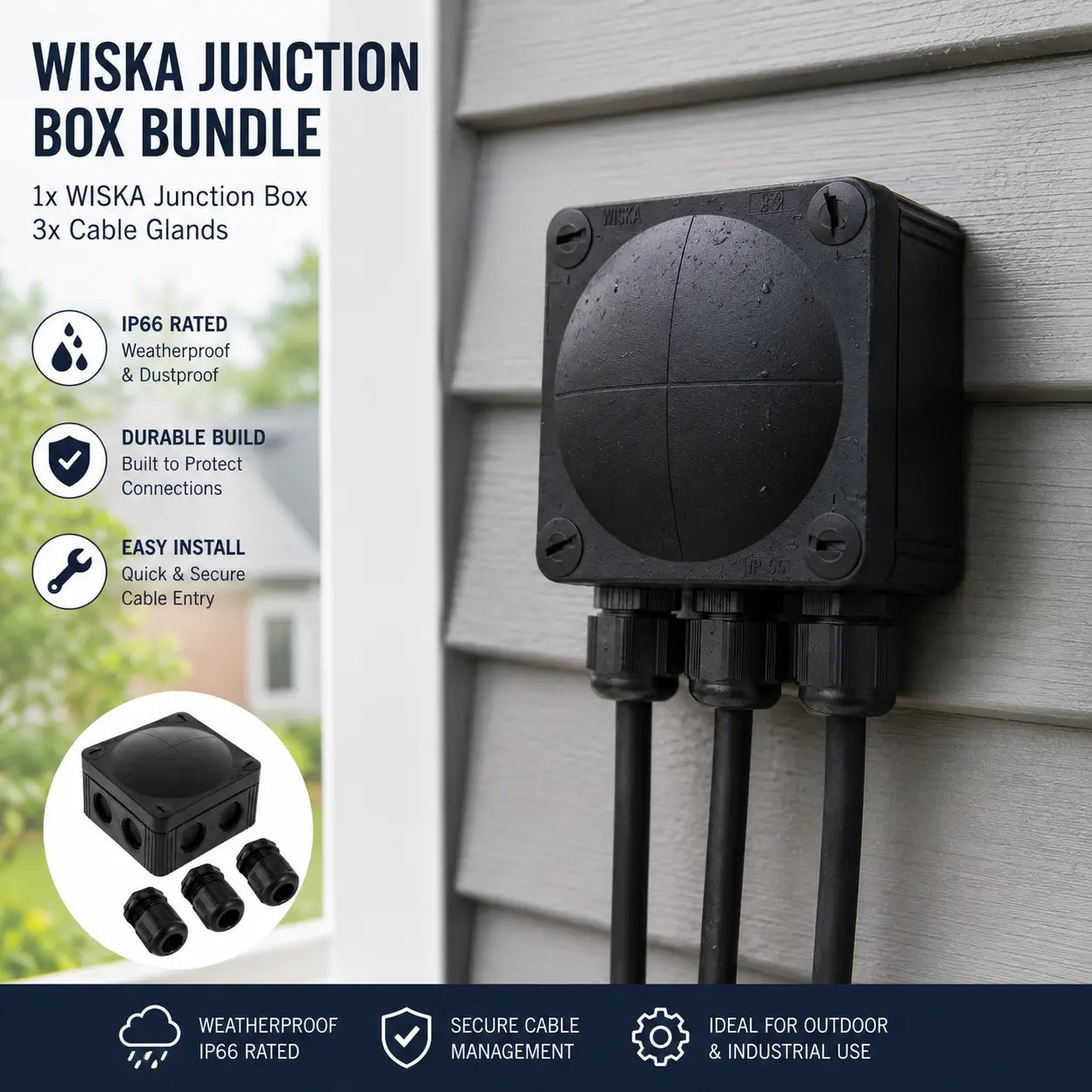 Wiska COMBI 308 Black Junction Box with 3× Trishot 20mm Gland & Locknut — Bundle