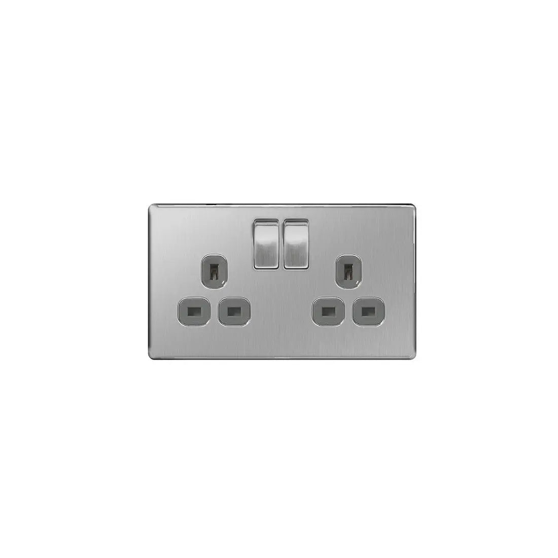BG Nexus Screwless Flat Plate Brushed Steel Double Socket FBS22G Grey Inserts 13Amp BG Nexus