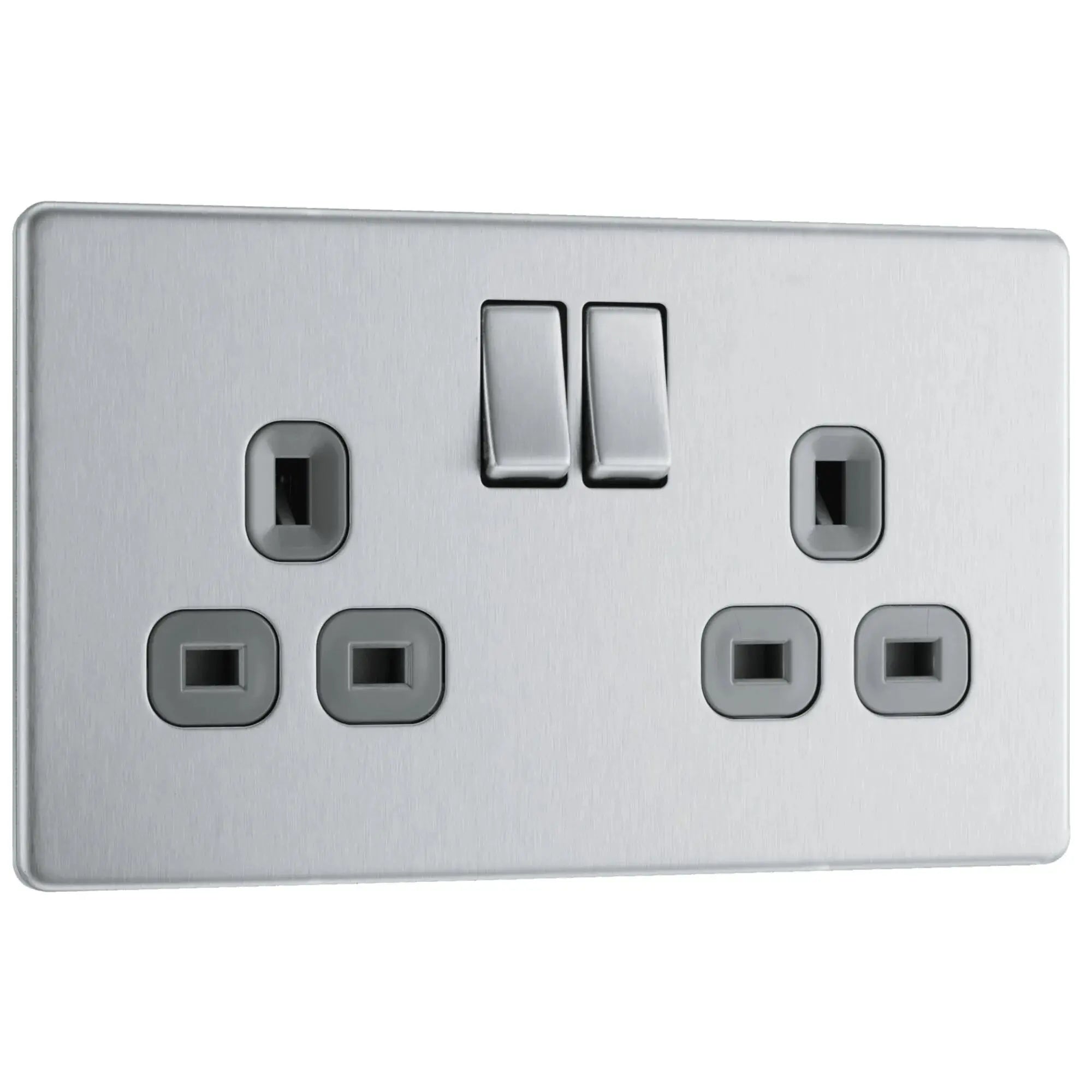 BG Nexus Screwless Flat Plate Brushed Steel Double Socket FBS22G Grey Inserts 13Amp BG Nexus