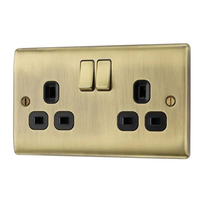 BG Nexus Antique Brass Double Socket 2 Gang Black Inserts 13 Amp - NAB22B BG (British General)