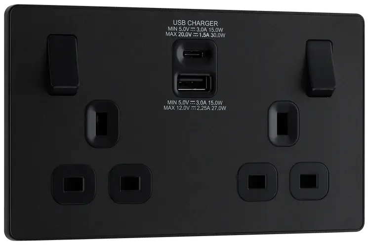 BG Evolve Matt Black Screwless USB Double Socket Type A+C PCDMB22UAC30B BG (British General)