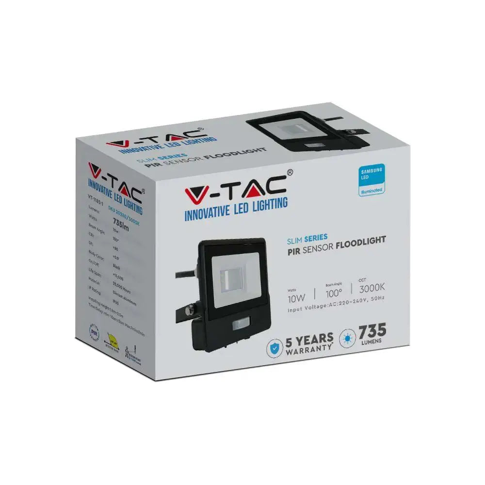 V-Tac 10W Daylight Samsung Chip LED Floodlight PIR 6500K- Black V-TAC