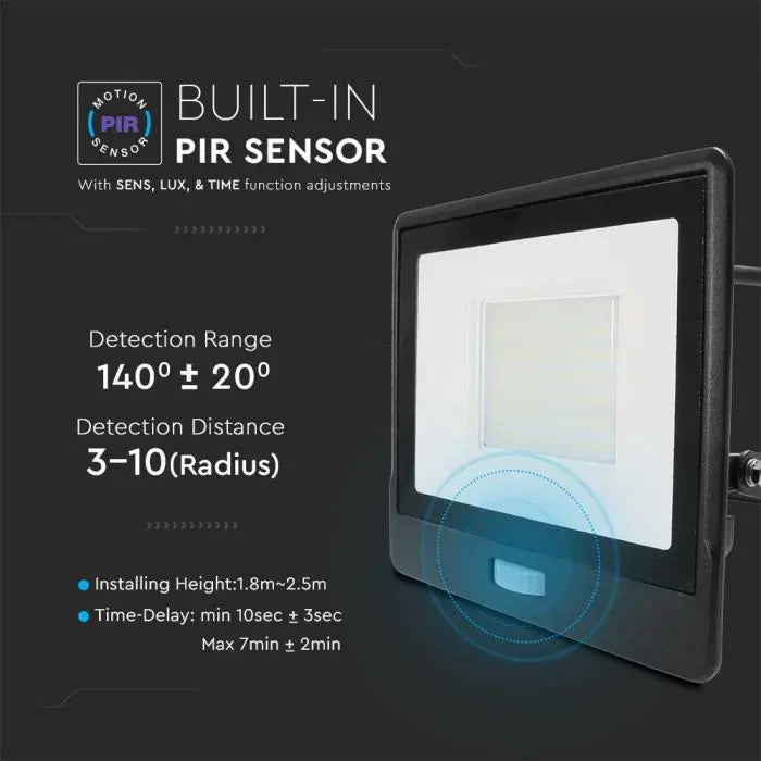 V-Tac 50W LED Floodlight Daylight PIR Samsung Chip 6500K- Black V-TAC