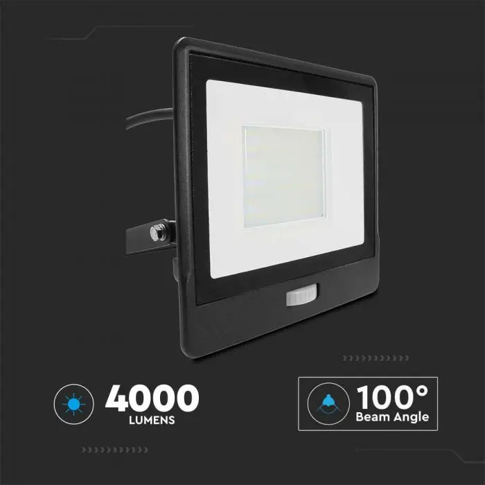 V-Tac 50W LED Floodlight Daylight PIR Samsung Chip 6500K- Black V-TAC