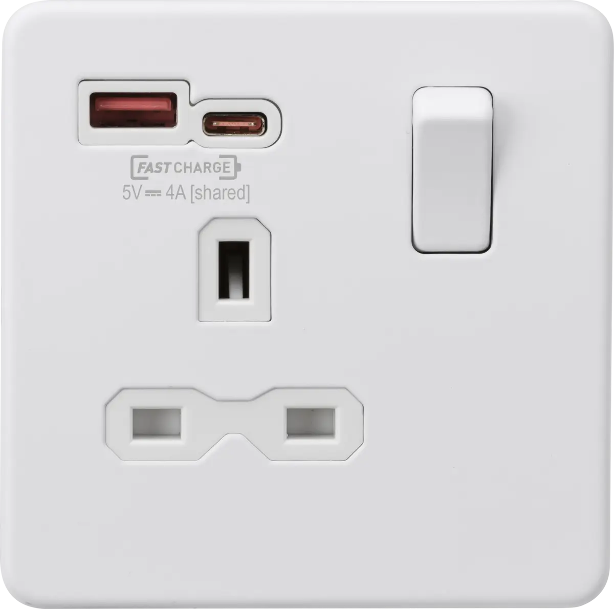 ML Knightsbridge Screwless Single Socket with Dual USB Fast Charge A+C 13A 1 Gang Switched - Matt White ML Knightsbridge