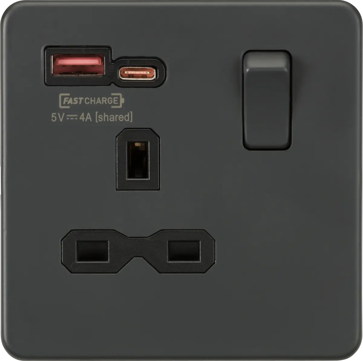 ML Knightsbridge Screwless Single Socket with Dual USB Fast Charge A+C 13A 1 Gang Switched - Anthracite ML Knightsbridge