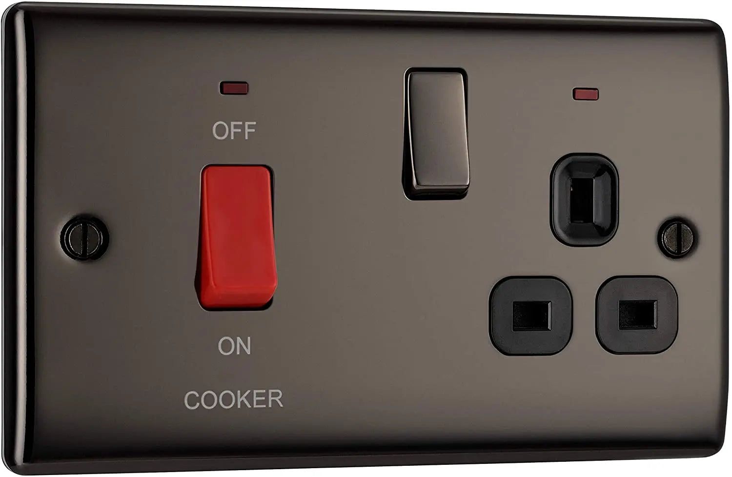 BG Nexus Metal 45 Amp DP Cooker Switch with Socket & Neon in Black Nickel with Black Inserts - NBN70B-01 BG (British General)