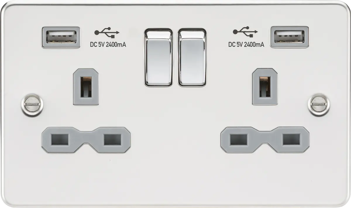 ML Flat Plate 13A 2 Gang Switched Double Socket With Dual USB Charger (2.4A) - Polished Chrome With Grey Insert ML Knightsbridge