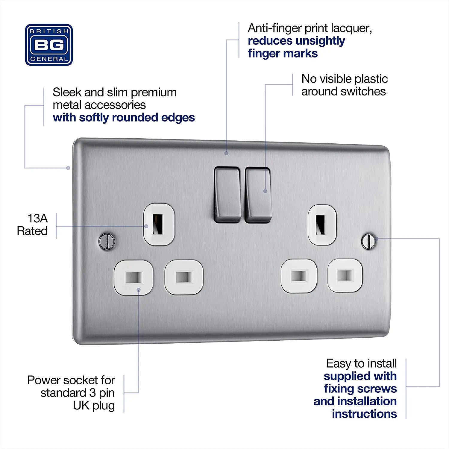 BG Nexus Metal Double Socket in Brushed Steel with White Inserts - NBS22W-01 BG (British General)