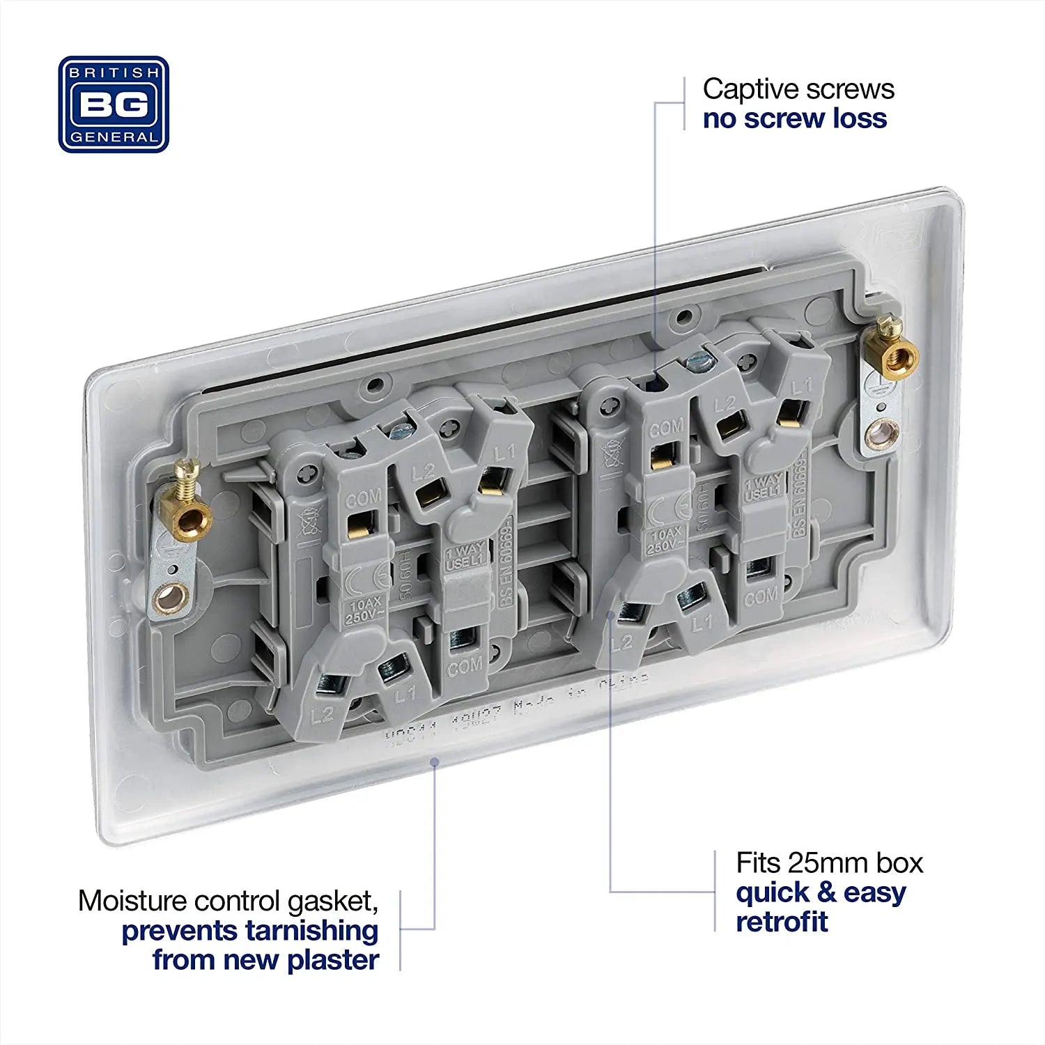 BG Nexus Metal 4 Gang Switch in Brushed Steel - NBS44-01 BG (British General)
