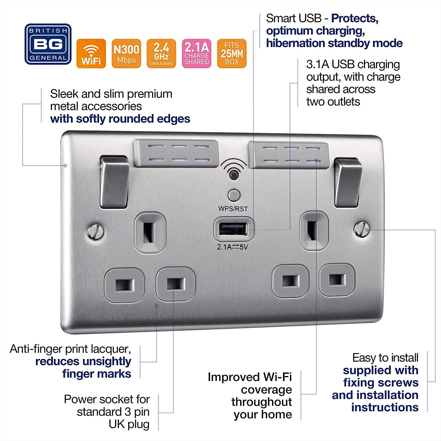 BG USB Wifi Double Socket in Brushed Steel with Grey Insert - NBS22UWRG−01 BG (British General)