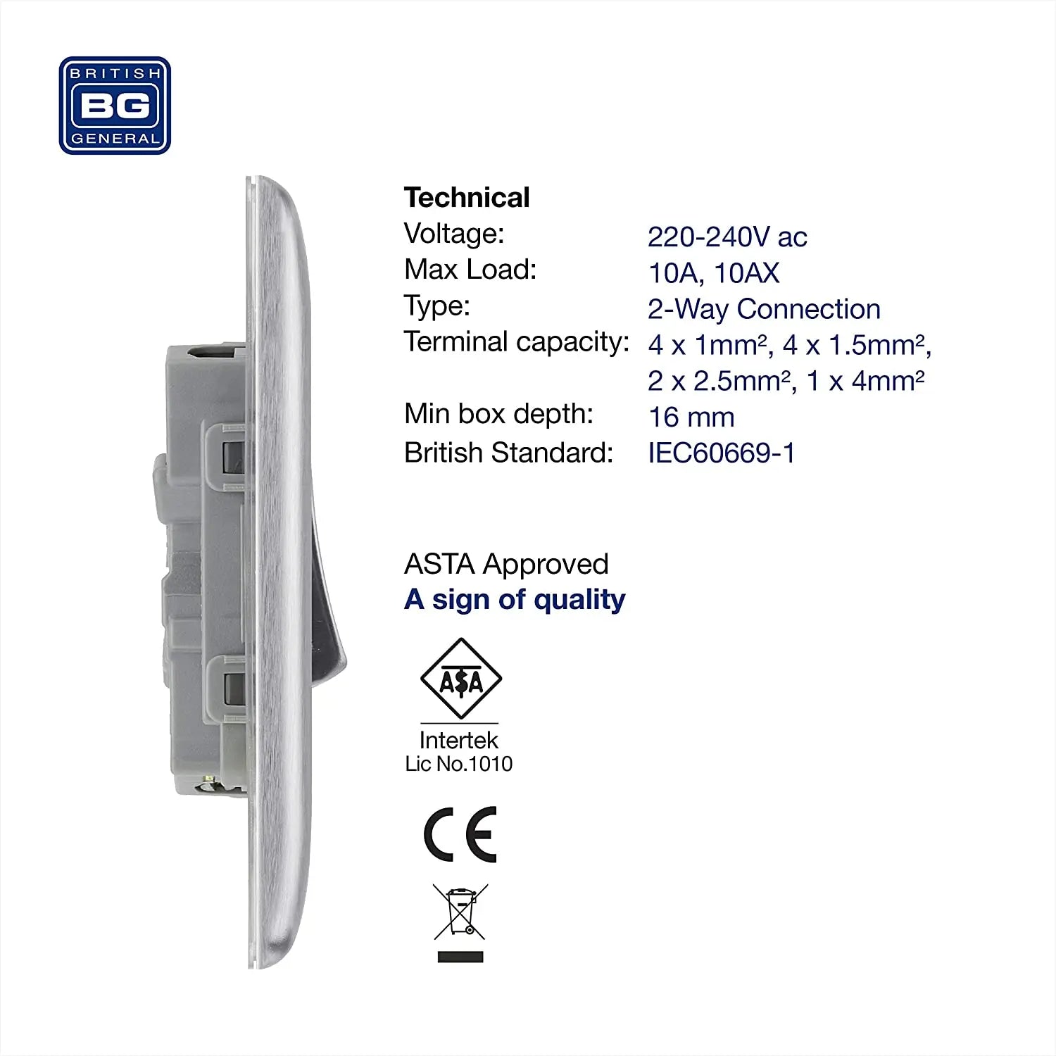 BG Nexus Metal 2 Gang Light Switch in Brushed Steel - NBS42-01 BG (British General)